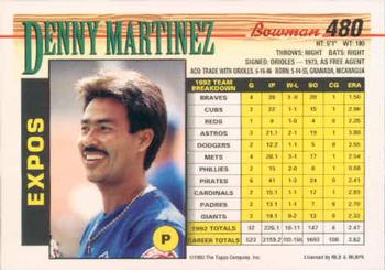 1993 Bowman #480 Denny Martinez Back