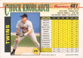 1993 Bowman #481 Chuck Knoblauch Back