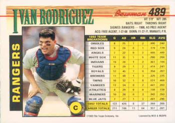 1993 Bowman #489 Ivan Rodriguez Back