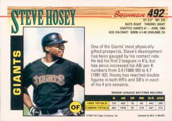 1993 Bowman #492 Steve Hosey Back