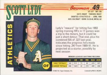 1993 Bowman #49 Scott Lydy Back