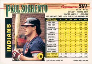 1993 Bowman #501 Paul Sorrento Back