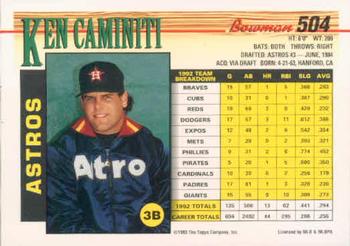 1993 Bowman #504 Ken Caminiti Back