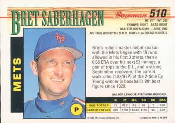 1993 Bowman #510 Bret Saberhagen Back