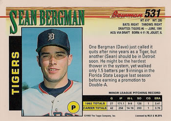 1993 Bowman #531 Sean Bergman Back