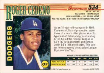 1993 Bowman #534 Roger Cedeno Back