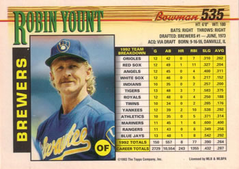1993 Bowman #535 Robin Yount Back