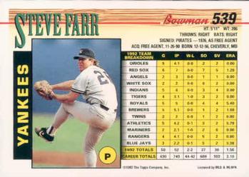 1993 Bowman #539 Steve Farr Back