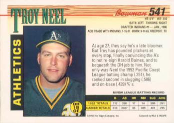 1993 Bowman #541 Troy Neel Back