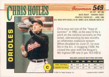 1993 Bowman #549 Chris Hoiles Back