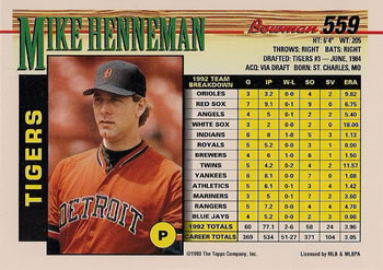 1993 Bowman #559 Mike Henneman Back