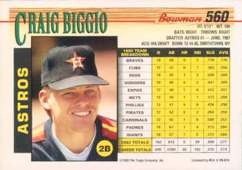 1993 Bowman #560 Craig Biggio Back