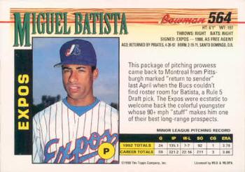 1993 Bowman #564 Miguel Batista Back