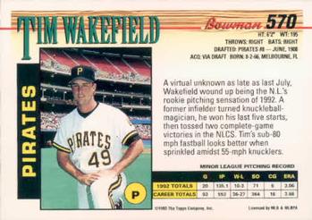 1993 Bowman #570 Tim Wakefield Back