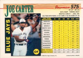 1993 Bowman #575 Joe Carter Back