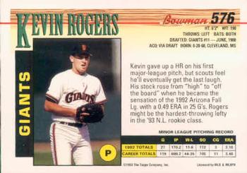 1993 Bowman #576 Kevin Rogers Back