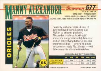 1993 Bowman #577 Manny Alexander Back