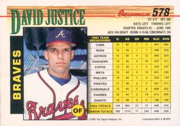 1993 Bowman #578 David Justice Back