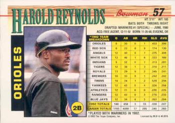 1993 Bowman #57 Harold Reynolds Back