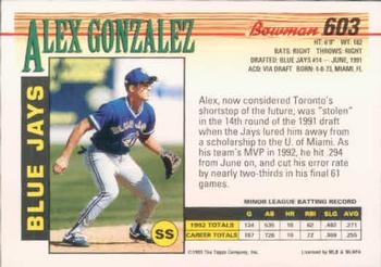 1993 Bowman #603 Alex Gonzalez Back