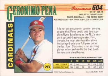 1993 Bowman #604 Geronimo Pena Back