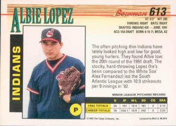 1993 Bowman #613 Albie Lopez Back