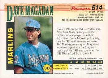1993 Bowman #614 Dave Magadan Back