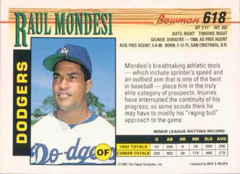 1993 Bowman #618 Raul Mondesi Back