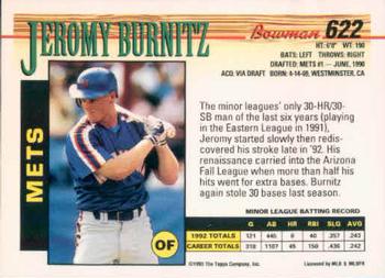 1993 Bowman #622 Jeromy Burnitz Back