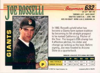 1993 Bowman #632 Joe Rosselli Back