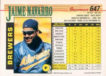 1993 Bowman #647 Jaime Navarro Back