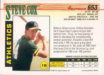 1993 Bowman #653 Steve Cox Back