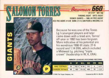 1993 Bowman #660 Salomon Torres Back