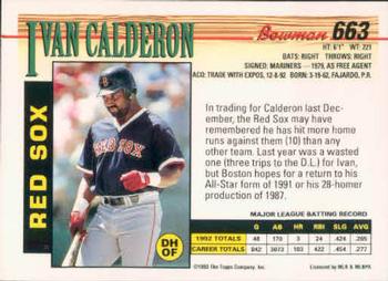 1993 Bowman #663 Ivan Calderon Back
