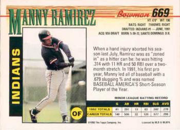 1993 Bowman #669 Manny Ramirez Back
