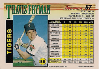 1993 Bowman #67 Travis Fryman Back
