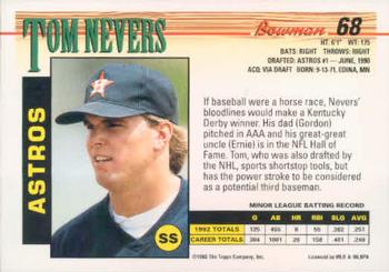 1993 Bowman #68 Tom Nevers Back