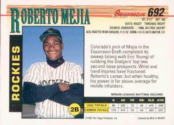 1993 Bowman #692 Roberto Mejia Back