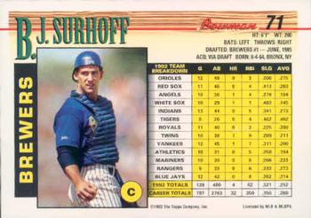 1993 Bowman #71 B.J. Surhoff Back