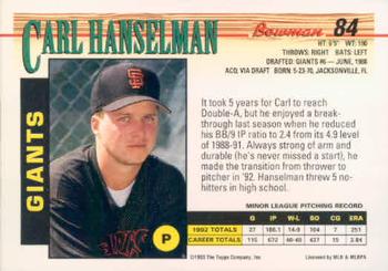 1993 Bowman #84 Carl Hanselman Back