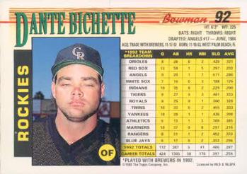 1993 Bowman #92 Dante Bichette Back