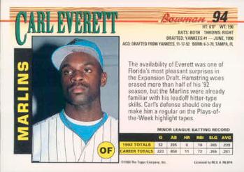 1993 Bowman #94 Carl Everett Back