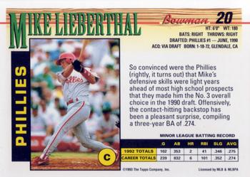 1993 Bowman #20 Mike Lieberthal Back
