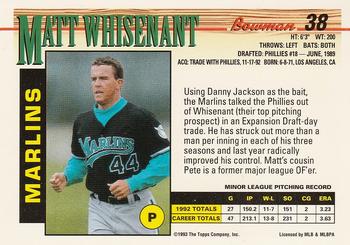 1993 Bowman #38 Matt Whisenant Back