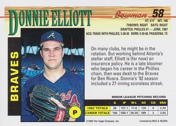 1993 Bowman #58 Donnie Elliott Back