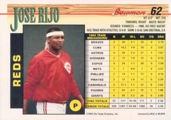 1993 Bowman #62 Jose Rijo Back