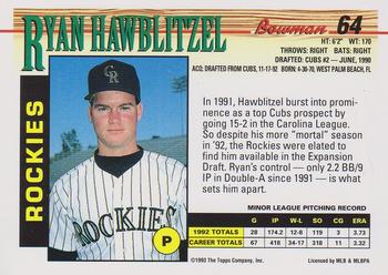 1993 Bowman #64 Ryan Hawblitzel Back
