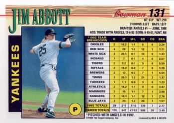 1993 Bowman #131 Jim Abbott Back