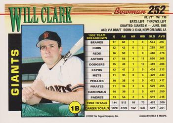 1993 Bowman #252 Will Clark Back