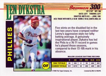 1993 Bowman #300 Len Dykstra Back